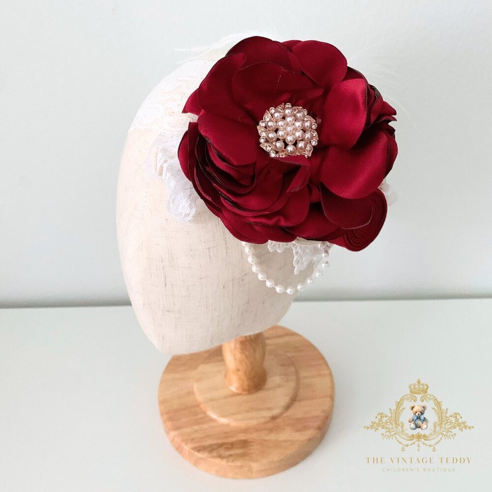 NWT Pretty Vintage Inspired Girls Headband Floral Beaded Lace Crimson Red OS